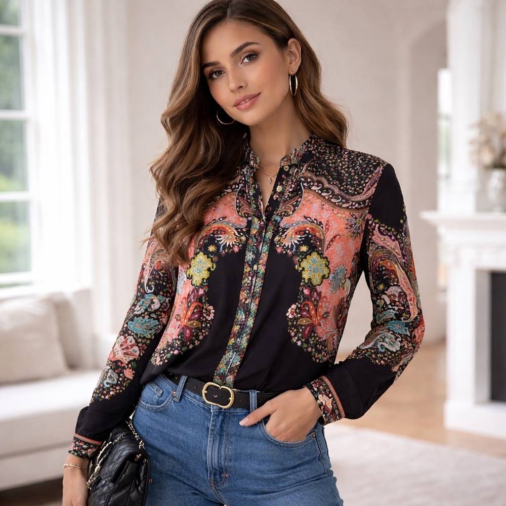 Colorful Floral Paisley Multicolor Art To Wear Button Down Shirt Blouse Size XL